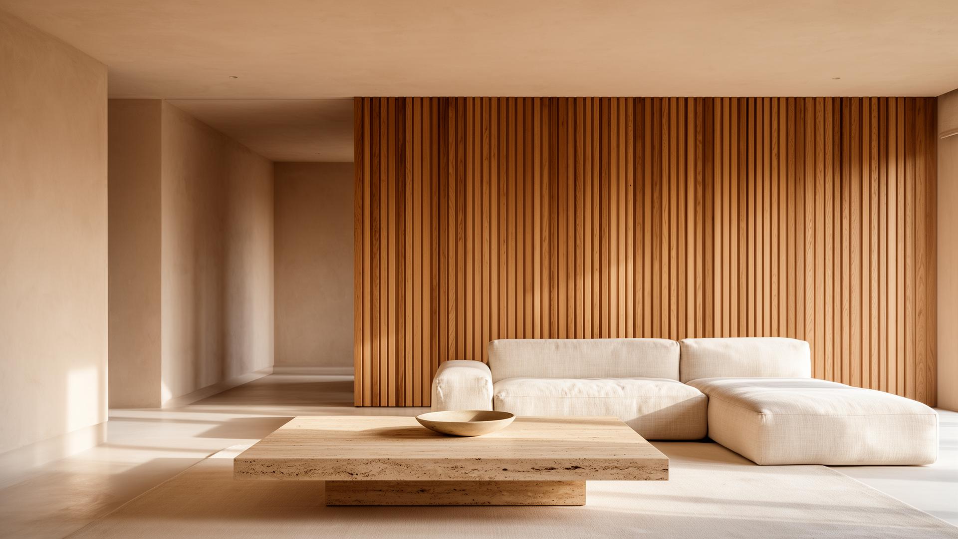 Sunlit organic modern living room with arched window and travertine table
